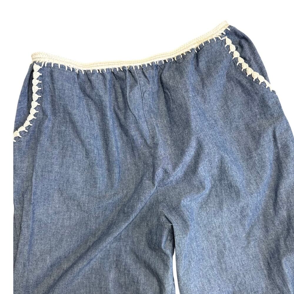 Chambray Cotton Embroidered Floral Pants Elastic Waist Boho Cottagecore Medium - Picture 7 of 7